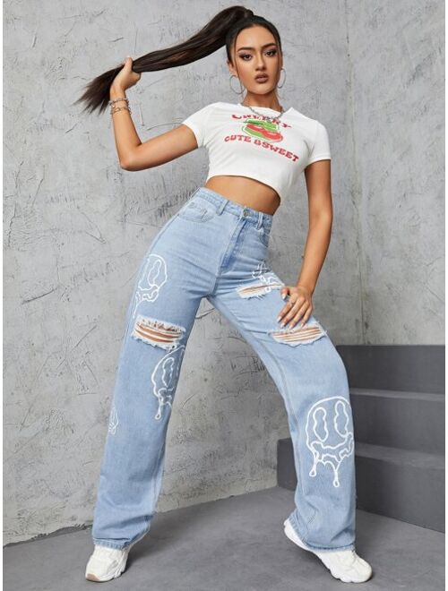 Shein Cartoon Face Graphic Ripped Wide Leg Jeans