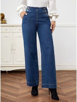 High Waist Button Detail Straight Leg Jeans