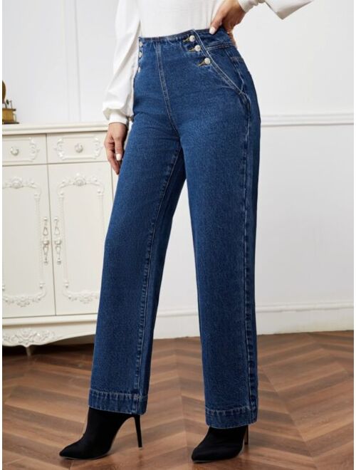 Shein High Waist Button Detail Straight Leg Jeans