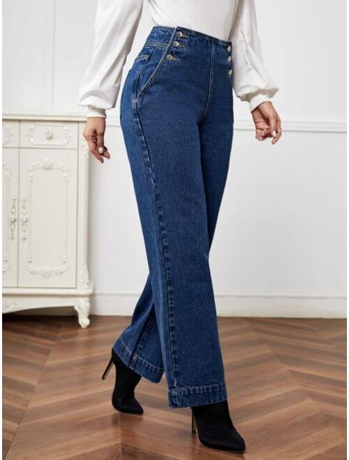 Shein High Waist Button Detail Straight Leg Jeans