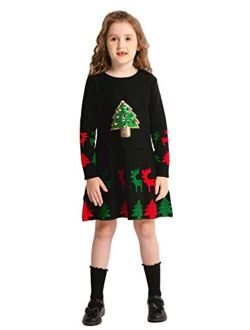 SMILING PINKER Girls Christmas Dress Jingle Bells Sequins Xmas Tree Knit Ugly Sweater