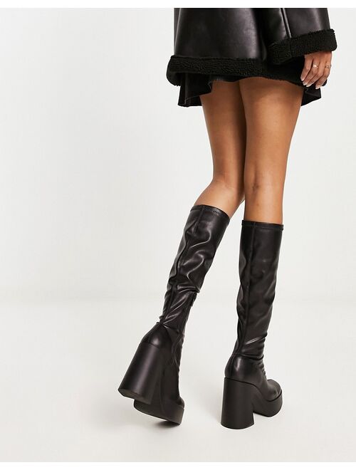 Stradivarius knee high platform sock boot in black