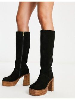 Cece suede platform knee boots in black