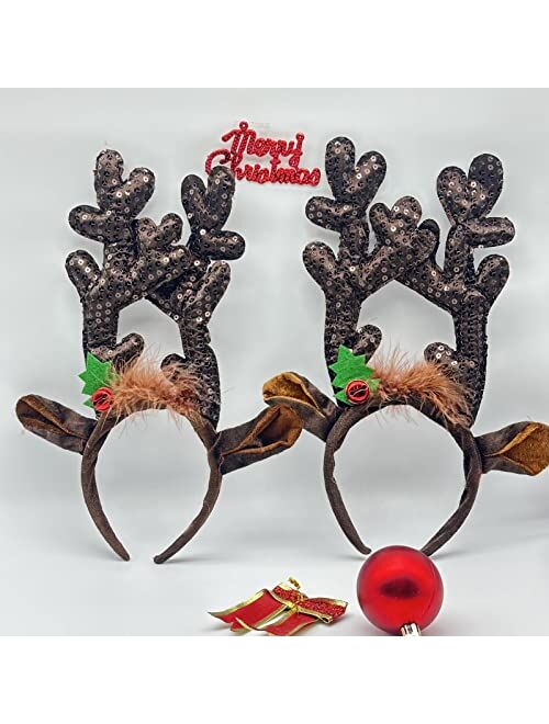 LUOZZY 4Pcs Deer Antlers Headband Christmas Headbands Sequined Reindeer Headband Plush Antler Headband Deer Ear Headband for Women Girls Christmas Party Costume Accessori