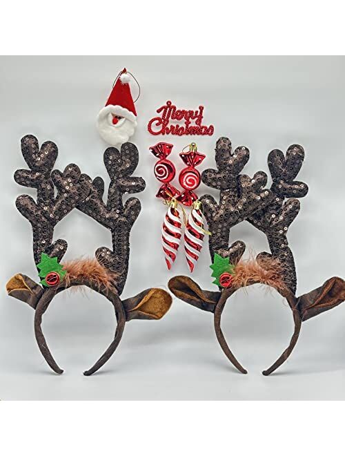 LUOZZY 4Pcs Deer Antlers Headband Christmas Headbands Sequined Reindeer Headband Plush Antler Headband Deer Ear Headband for Women Girls Christmas Party Costume Accessori