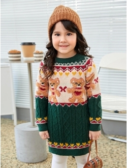 Toddler Girls Bear Pattern Cable Knit Sweater Dress