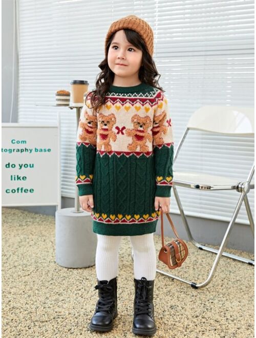 SHEIN Toddler Girls Bear Pattern Cable Knit Sweater Dress