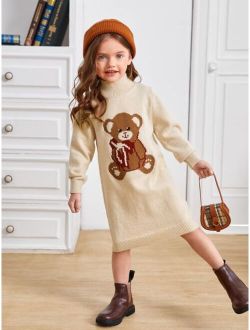 Toddler Girls High Neck Bear Pattern Sweater Dress