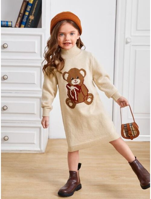 SHEIN Toddler Girls High Neck Bear Pattern Sweater Dress
