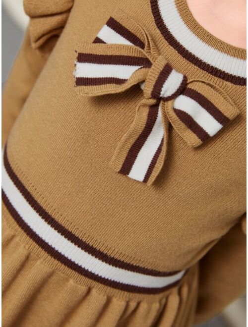 SHEIN Toddler Girls Bow Front Ruffle Trim Sweater Dress