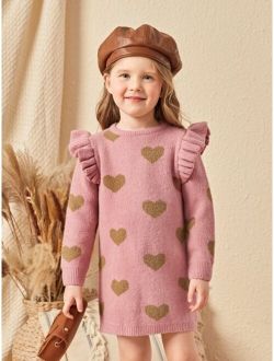 Toddler Girls Allover Heart Pattern Ruffle Trim Sweater Dress