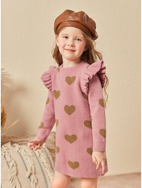 SHEIN Toddler Girls Allover Heart Pattern Ruffle Trim Sweater Dress