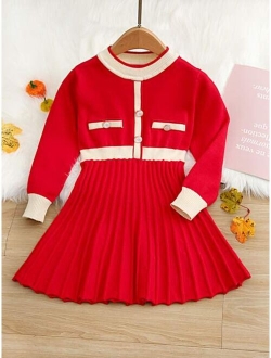 Toddler Girls Contrast Trim Pleated Sweater Dress