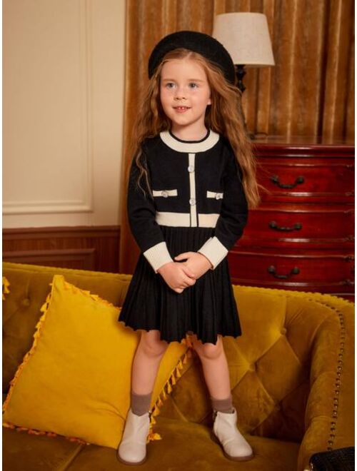Shein Toddler Girls Contrast Trim Pleated Sweater Dress