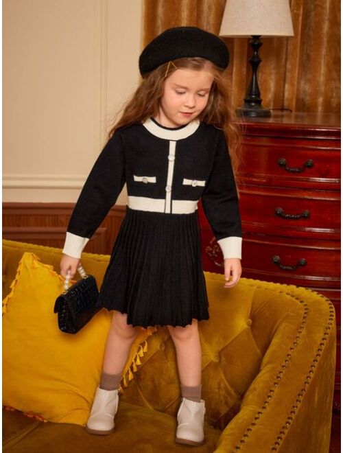 Shein Toddler Girls Contrast Trim Pleated Sweater Dress