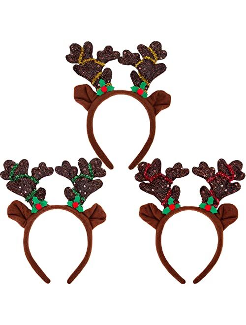 MCPINKY Reindeer Antlers Headband, 3PCS Deer Antlers Headband with Glitter Sequins Christmas Reindeer Ears Headband for Kids Adults Xmas Party Favors Cosplay Costume Supp