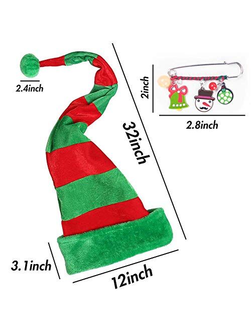 BigOtters Christmas Elf Hat, Long Striped Felt Hat with Cute Brooch Pin for Kids Adults