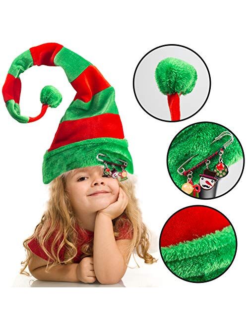 BigOtters Christmas Elf Hat, Long Striped Felt Hat with Cute Brooch Pin for Kids Adults