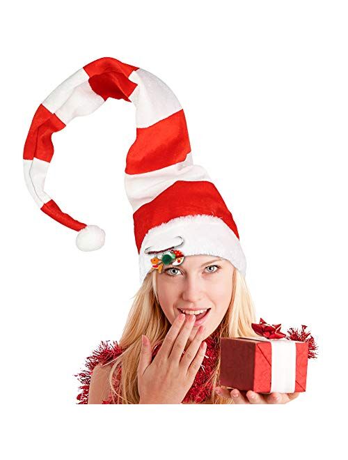 BigOtters Christmas Elf Hat, Extra Long Red And White Striped Felt Hat with Cute Brooch Pin for Kids Adults