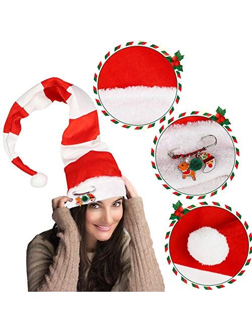 BigOtters Christmas Elf Hat, Extra Long Red And White Striped Felt Hat with Cute Brooch Pin for Kids Adults