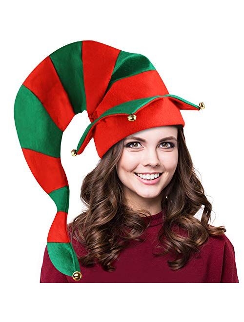 BigOtters Christmas Elf Hat, Novelty Funny Christmas Hat Long Striped Hat with Bells for Kids Adults Holiday Theme Photos Props Christmas Party Favors