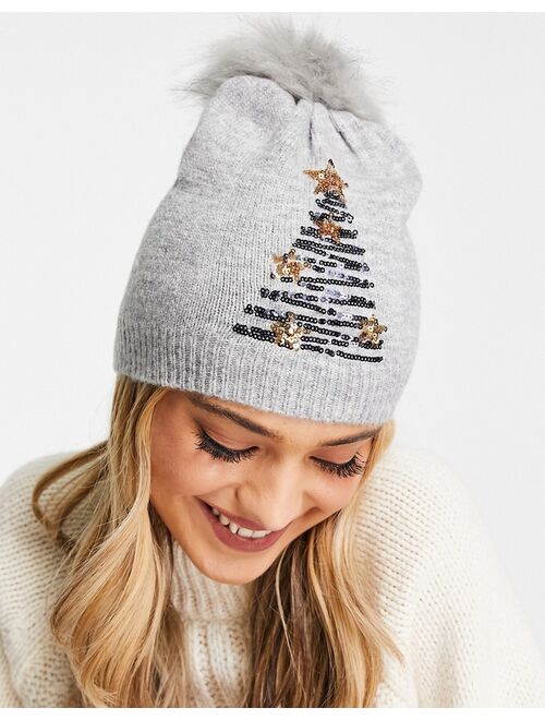 Boardmans christmas faux fur pom with sequin tree beanie in gray