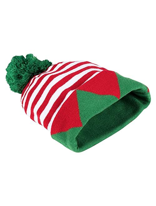 Juvale 2 Pack Christmas Elf Hats for Adults, Striped Holiday Beanies with Green Pom Poms