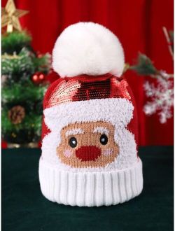 Christmas Sequin Santa Claus & Pompom Decor Cuff Beanie
