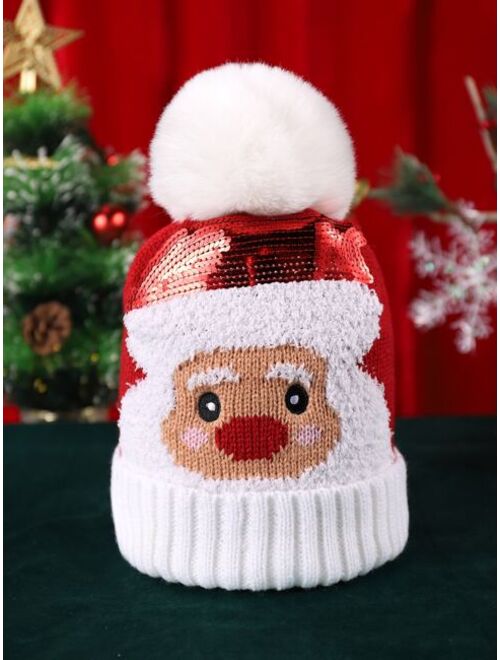 Shein Christmas Sequin Santa Claus & Pompom Decor Cuff Beanie
