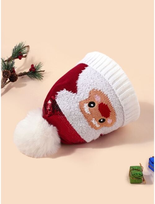 Shein Christmas Sequin Santa Claus & Pompom Decor Cuff Beanie
