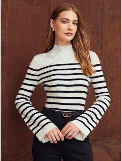 Premium Wool-mix Striped Bell Sleeve Sweater