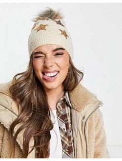 Boardmans christmas faux fur pom with sequin stars beanie in cream