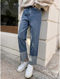 Slant Pocket Foldover Hem Straight Leg Jeans