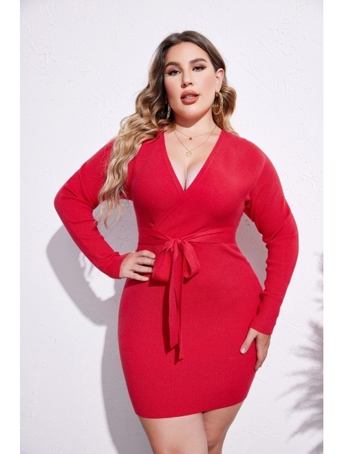 IN'VOLAND Plus Size V Neck Sweater Dresses for Women Batwing Long Sleeve Knit Bodycon Dress with Belt