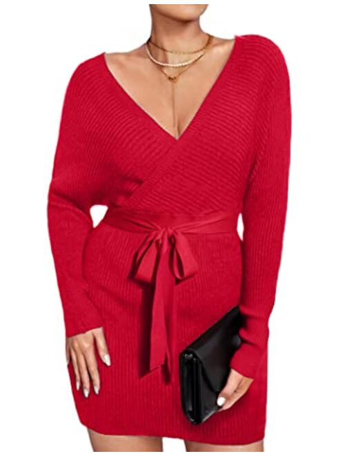 IN'VOLAND Plus Size V Neck Sweater Dresses for Women Batwing Long Sleeve Knit Bodycon Dress with Belt