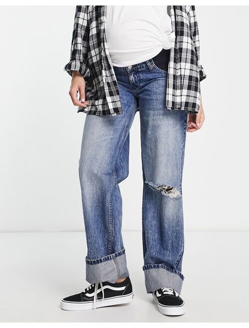 ASOS DESIGN Maternity baggy boyfriend jeans with knee rips and deep turn up