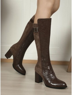 Crocodile Embossed Buckle Decor Riding Boots