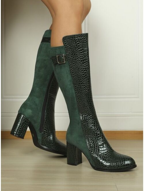 Shein Crocodile Embossed Buckle Decor Riding Boots
