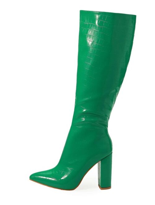 Shein Crocodile Embossed Point Toe Zipper Side Chunky Heeled Classic Boots