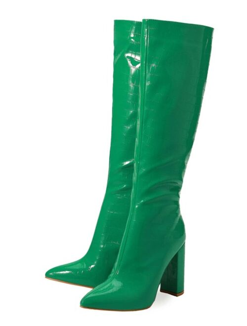 Shein Crocodile Embossed Point Toe Zipper Side Chunky Heeled Classic Boots