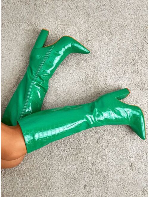 Shein Crocodile Embossed Point Toe Zipper Side Chunky Heeled Classic Boots