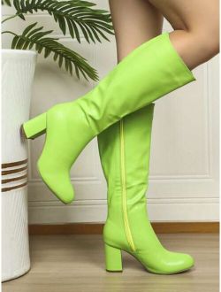 Neon Green Zipper Side Chunky Heeled Classic Boots