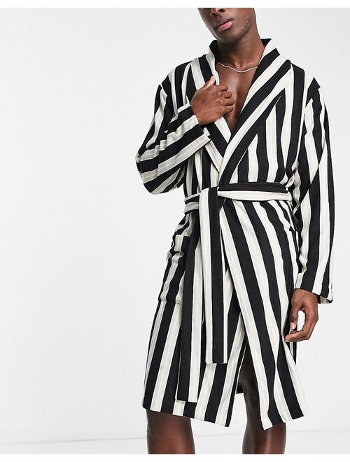 ASOS DESIGN lounge robe in striped fleece in white, gray and navy