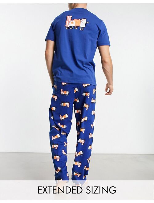 ASOS DESIGN pajama set in navy with t-shirt and pants in breakfast print