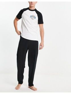 pajama set in black with white raglan T-shirt and Pittsburg print