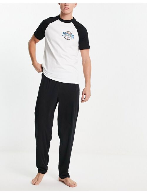 ASOS DESIGN pajama set in black with white raglan T-shirt and Pittsburg print
