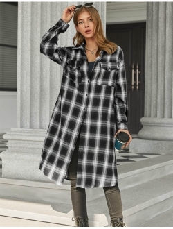 Long Flannel Shirts for Women Shoulder Drop Plaid Coat Oversized Button Down Shacket Jackets with Pocket S-XXL