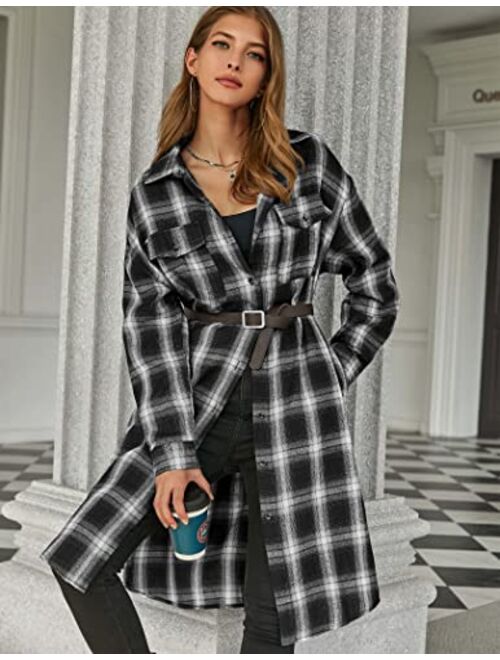 Hotouch Long Flannel Shirts for Women Shoulder Drop Plaid Coat Oversized Button Down Shacket Jackets with Pocket S-XXL
