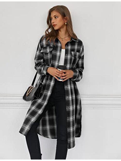 Hotouch Long Flannel Shirts for Women Shoulder Drop Plaid Coat Oversized Button Down Shacket Jackets with Pocket S-XXL