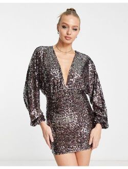 long sleeved plunge neck sequin mini dress in multicolor
